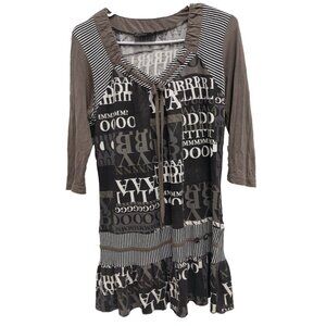 Tango Mango Artsy Tunic Top Womens Small Brown Graphic‎ Ruffle 3/4 Sleeve